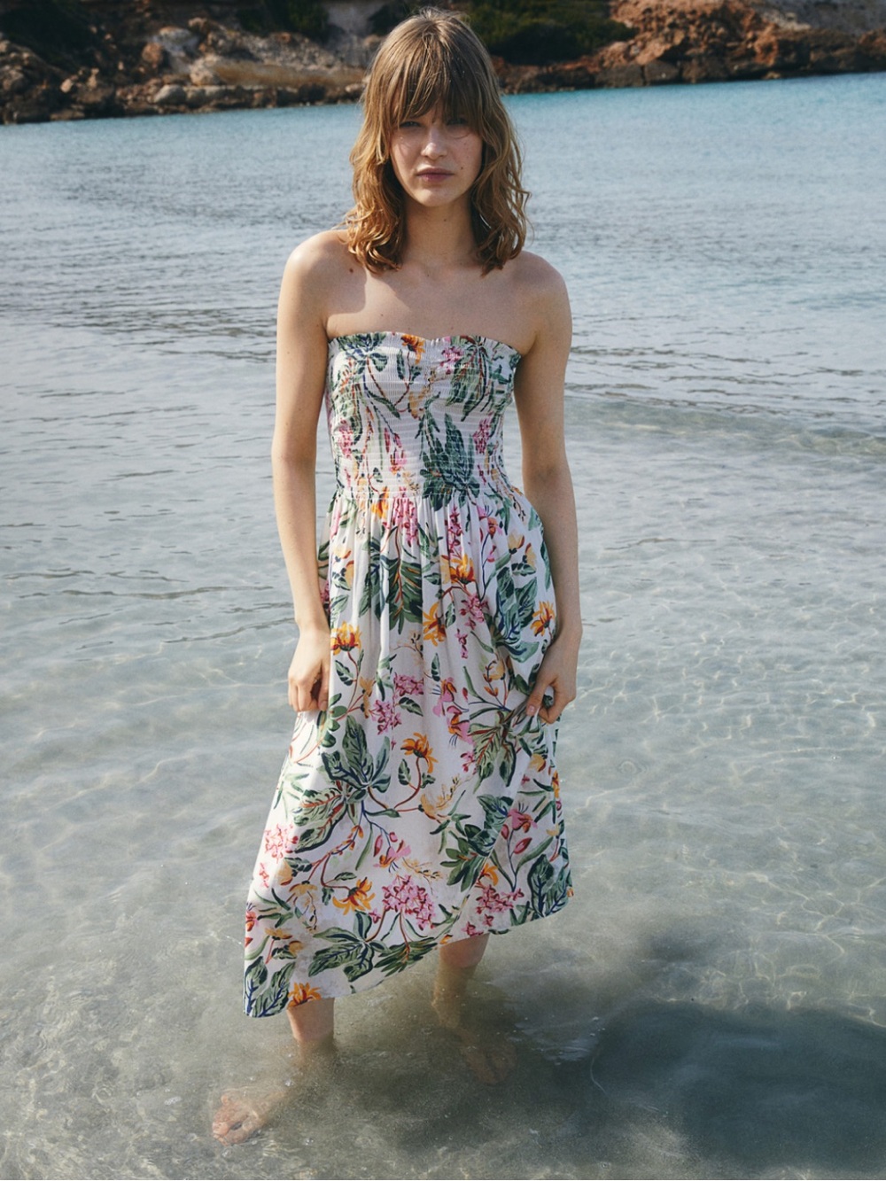 H&M Smocked Floral Strapless Dress in White with Pink, Green & Blue Accents